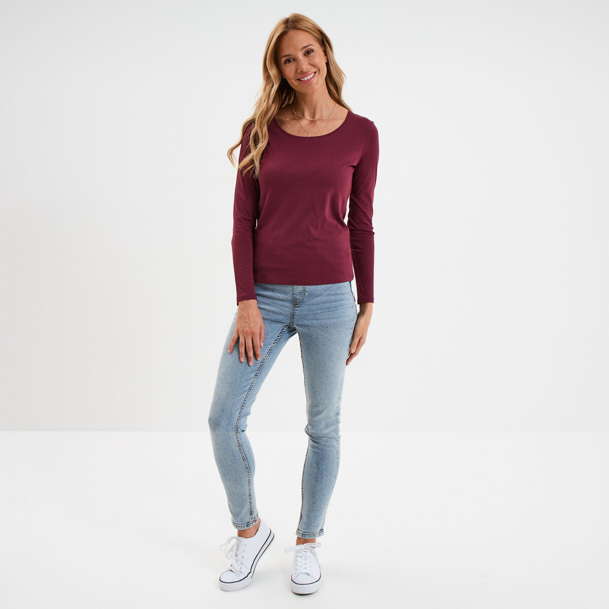 T-shirt coton col rond manches longues bordeaux femme