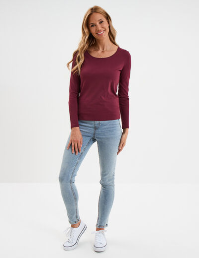 T-shirt coton col rond manches longues bordeaux femme