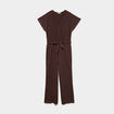 Combinaison pantalon gaufr&eacute;e ceintur&eacute;e marron fonc&eacute; femme
