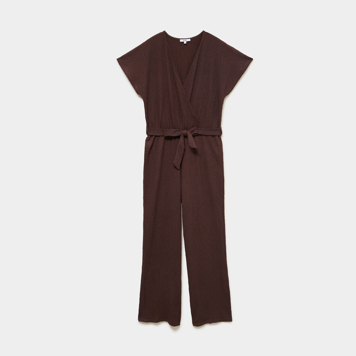 Combinaison pantalon gaufr&eacute;e ceintur&eacute;e marron fonc&eacute; femme