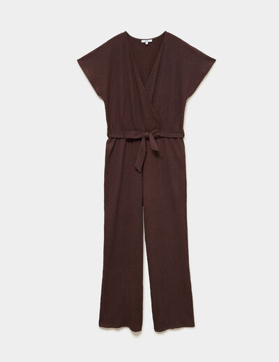 Combinaison pantalon gaufr&eacute;e ceintur&eacute;e marron fonc&eacute; femme