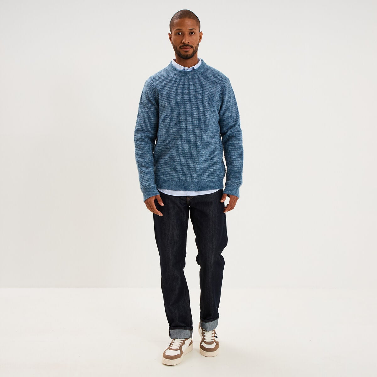 Pull col rond manches longues bleu gris homme