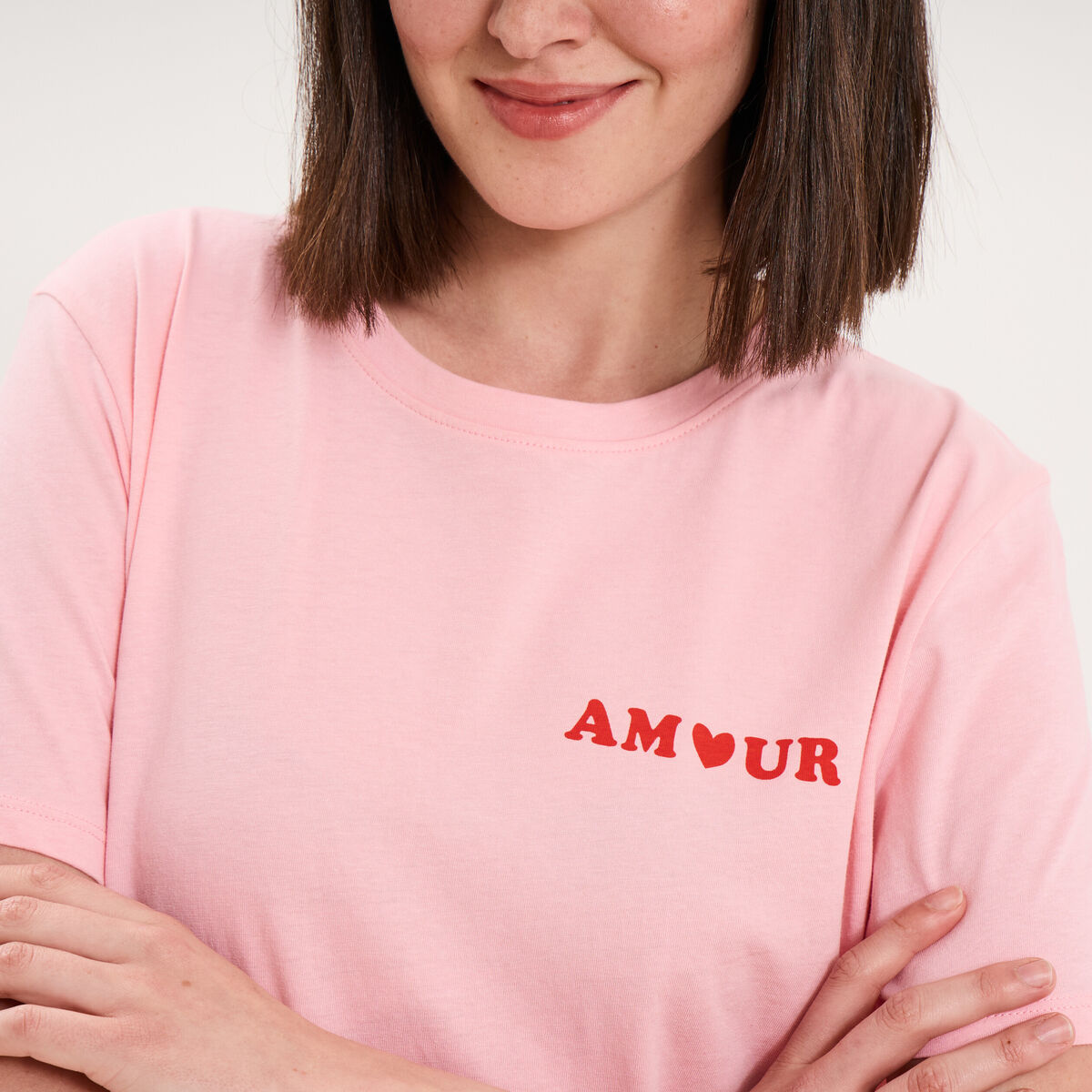 T-shirt col rond manches courtes coton rose femme