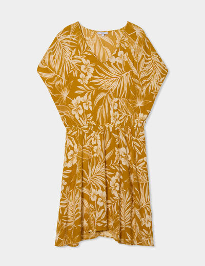 Robe caftant courte col en V jaune or femme