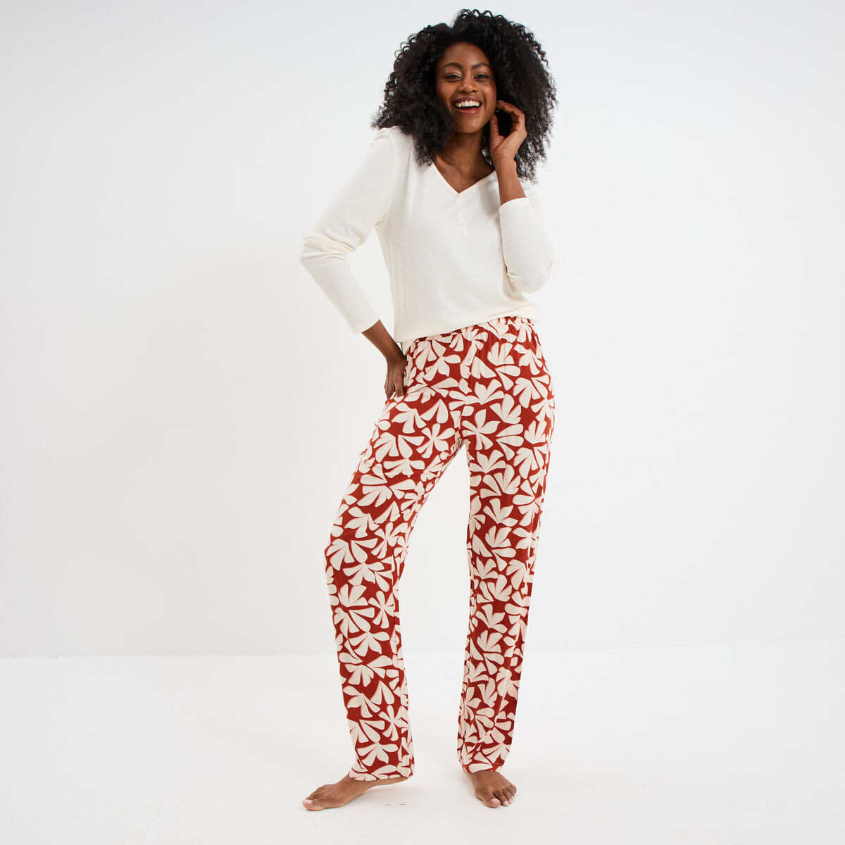 Ensemble pyjama manches longues 2 pièces terracotta femme