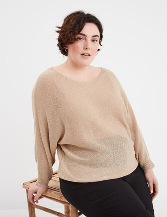 Pull manches longues col rond beige femme grande taille