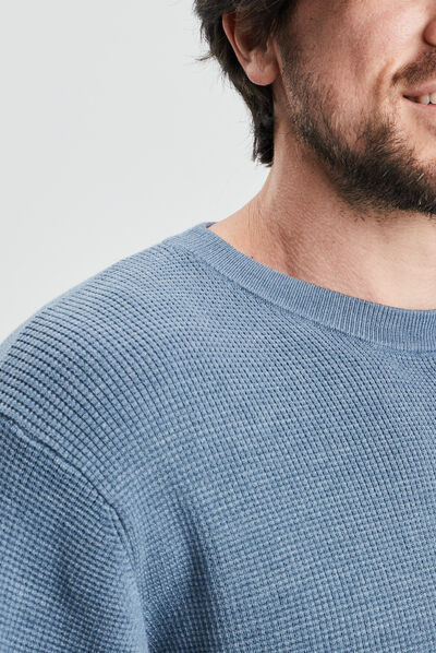 Pull avec col rond à relief bleu gris homme