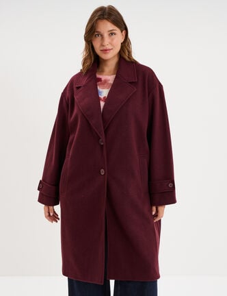 Manteau midi oversize boutonn&eacute; violet fonc&eacute; femme grande taille