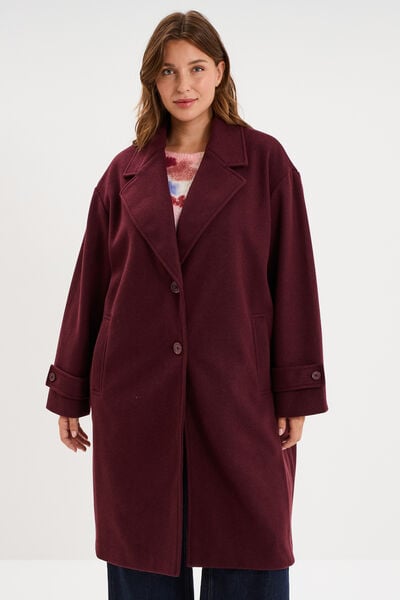 Manteau midi oversize boutonn&eacute; violet fonc&eacute; femme grande taille