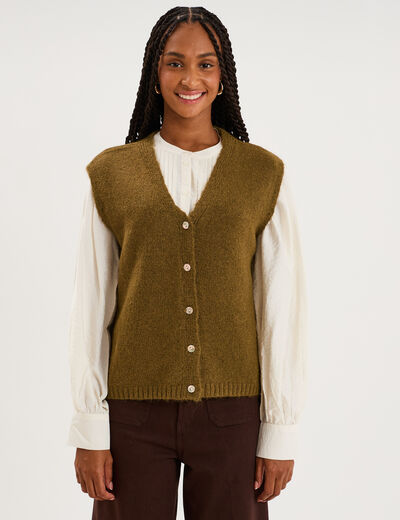 Gilet sans manches col V boutonn&eacute; vert olive femme