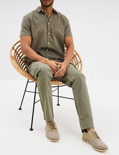 Chemise manches courtes lin mélangé vert kaki homme