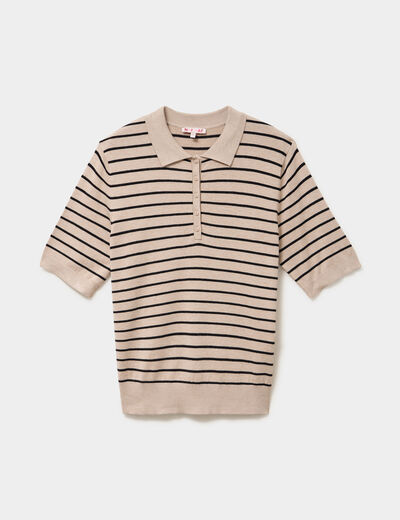 Pull col polo manches courtes beige clair femme
