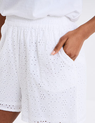 Short broderie anglaise élastiqué coton blanc femme