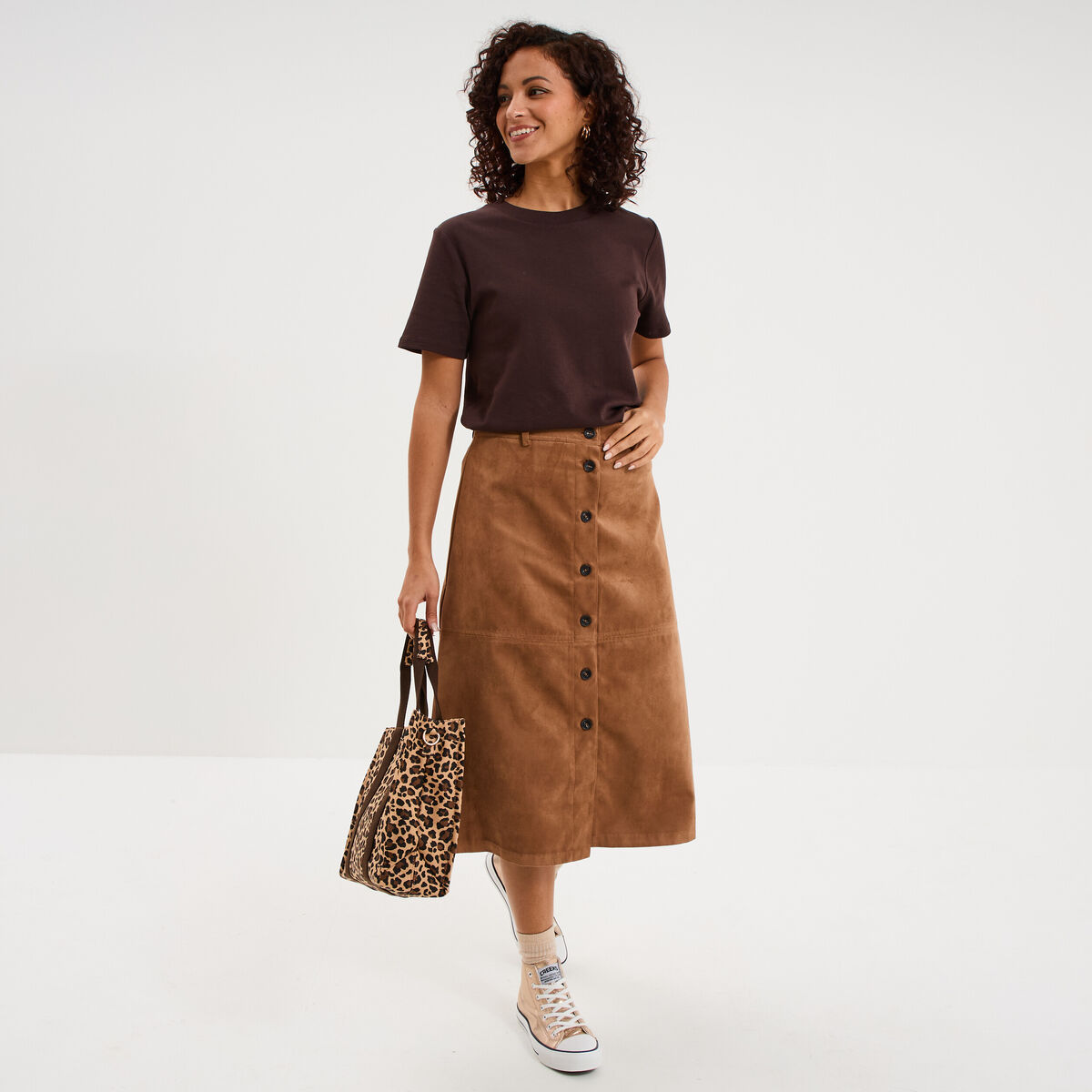 Jupe longue effet su&eacute;dine marron femme