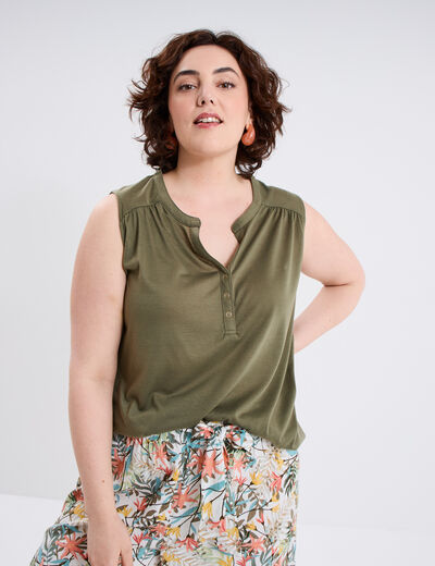 Blouse ajustée col tunisien vert kaki femme grande taille
