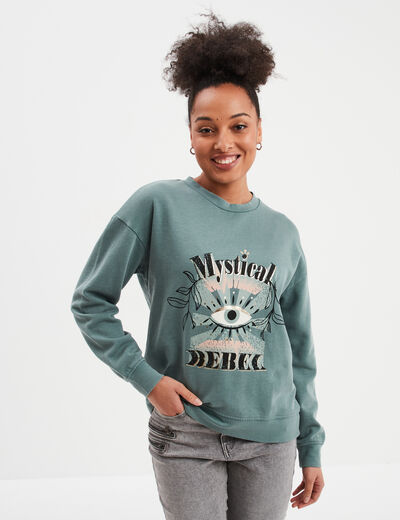 Sweat col rond coton majoritaire vert fonc&eacute; femme