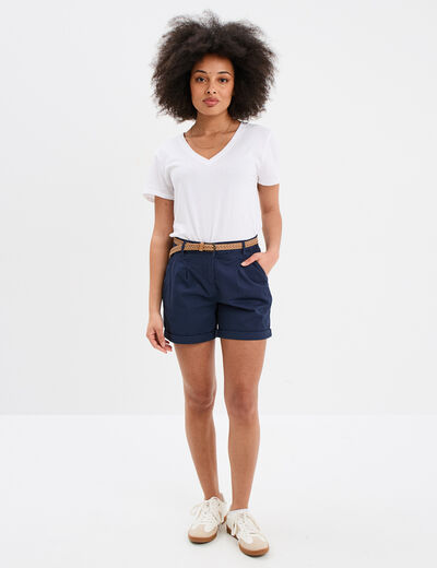 Short chino ceinture tressée bleu marine femme