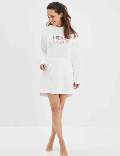 Poncho plaid effet peluche avec capuche blanc femme