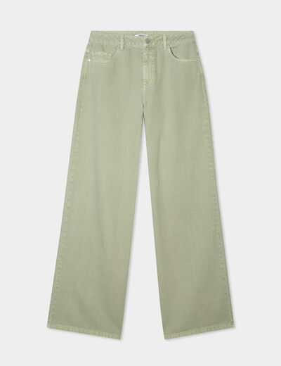 Jeans large taille haute coton vert kaki femme