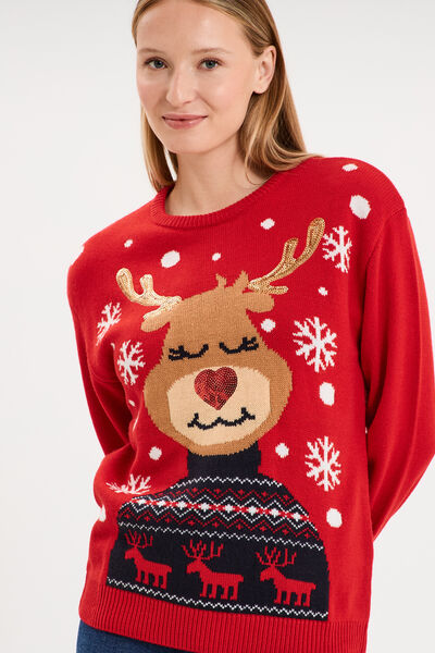 Pull de No&euml;l &agrave; sequins manches longues rouge femme
