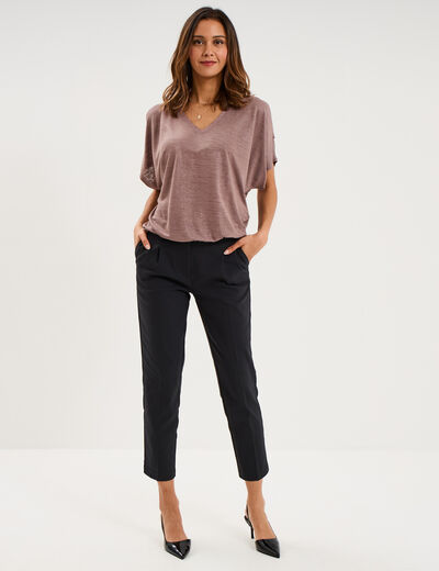 T-shirt fluide &eacute;paules d&eacute;nud&eacute;es col en V marron cognac femme
