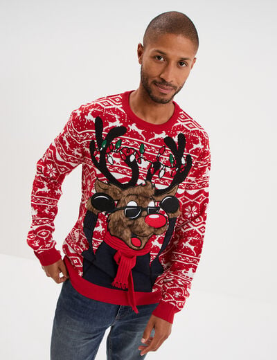 Pull de No&euml;l manches longues rouge homme