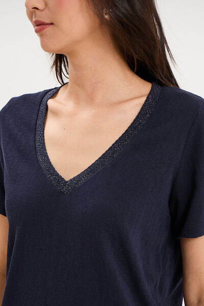 T-shirt col en V manches courtes bleu fonc&eacute; femme