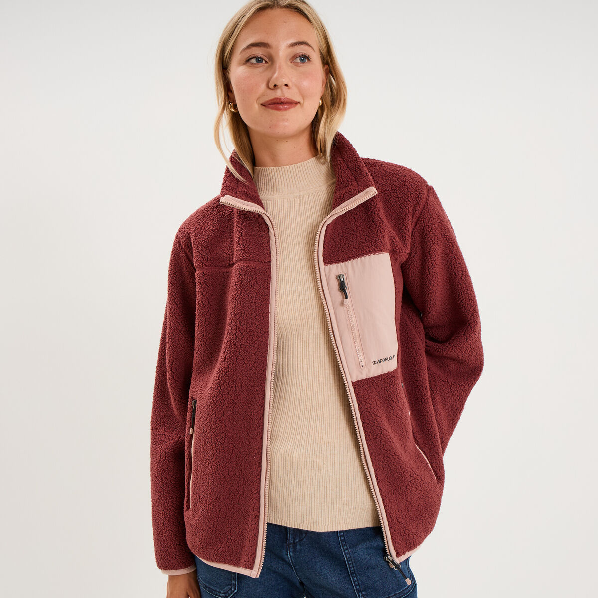 Veste zipp&eacute;e effet sherpa 3 poches vieux rose femme
