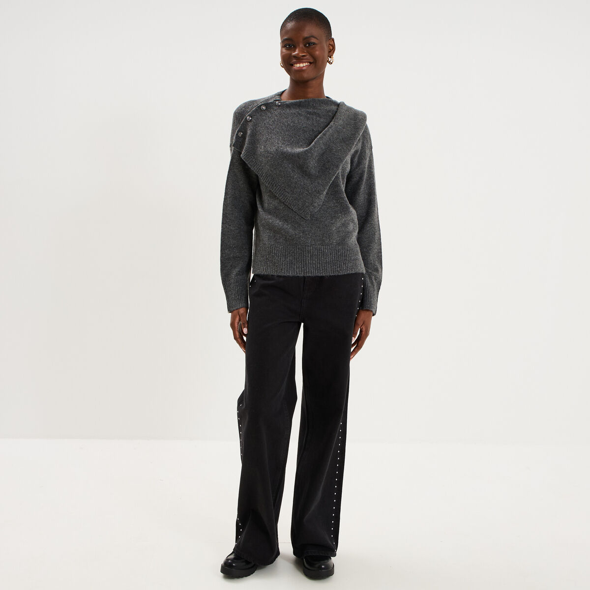 Pull col rond &eacute;charpe amovible gris fonc&eacute; femme