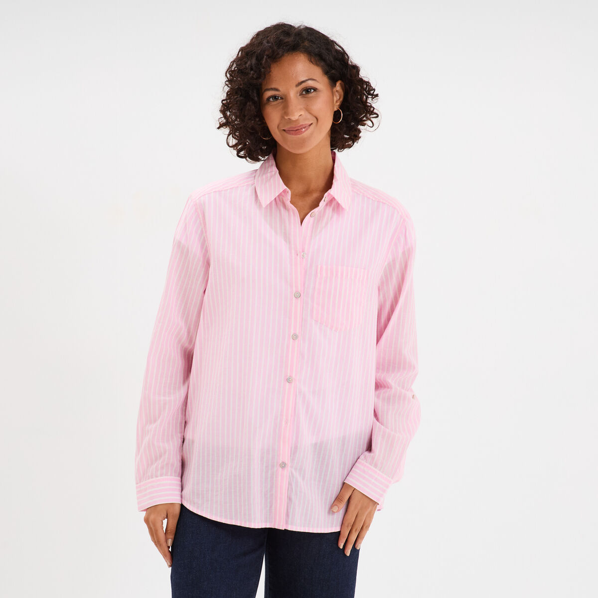 Chemise manches ajustables 1 poche coton rose femme