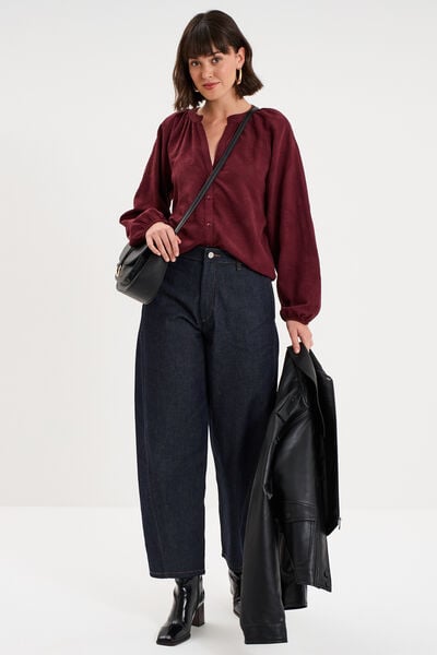 Blouse manches longues col V boutonn&eacute;e violet fonc&eacute; femme