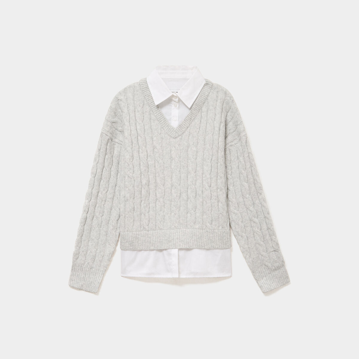 Pull torsades effet 2-en-1 chemise gris clair femme