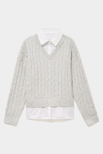 Pull torsades effet 2-en-1 chemise gris clair femme