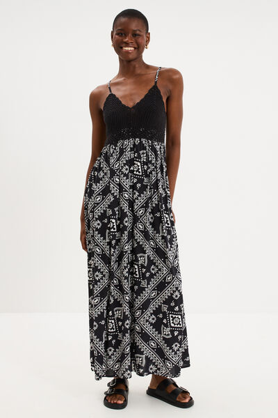 Robe longue buste effet crochet noir femme