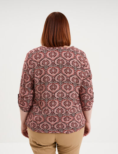 Blouse col tunisien manches 3/4 fluide marron chocolat femme grande taille