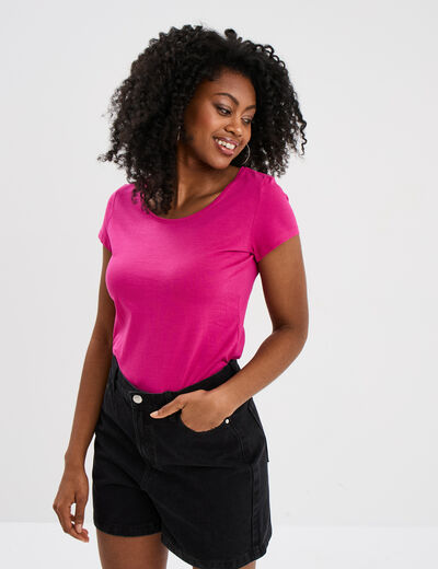 T-shirt coton col rond manches courtes rose fushia femme