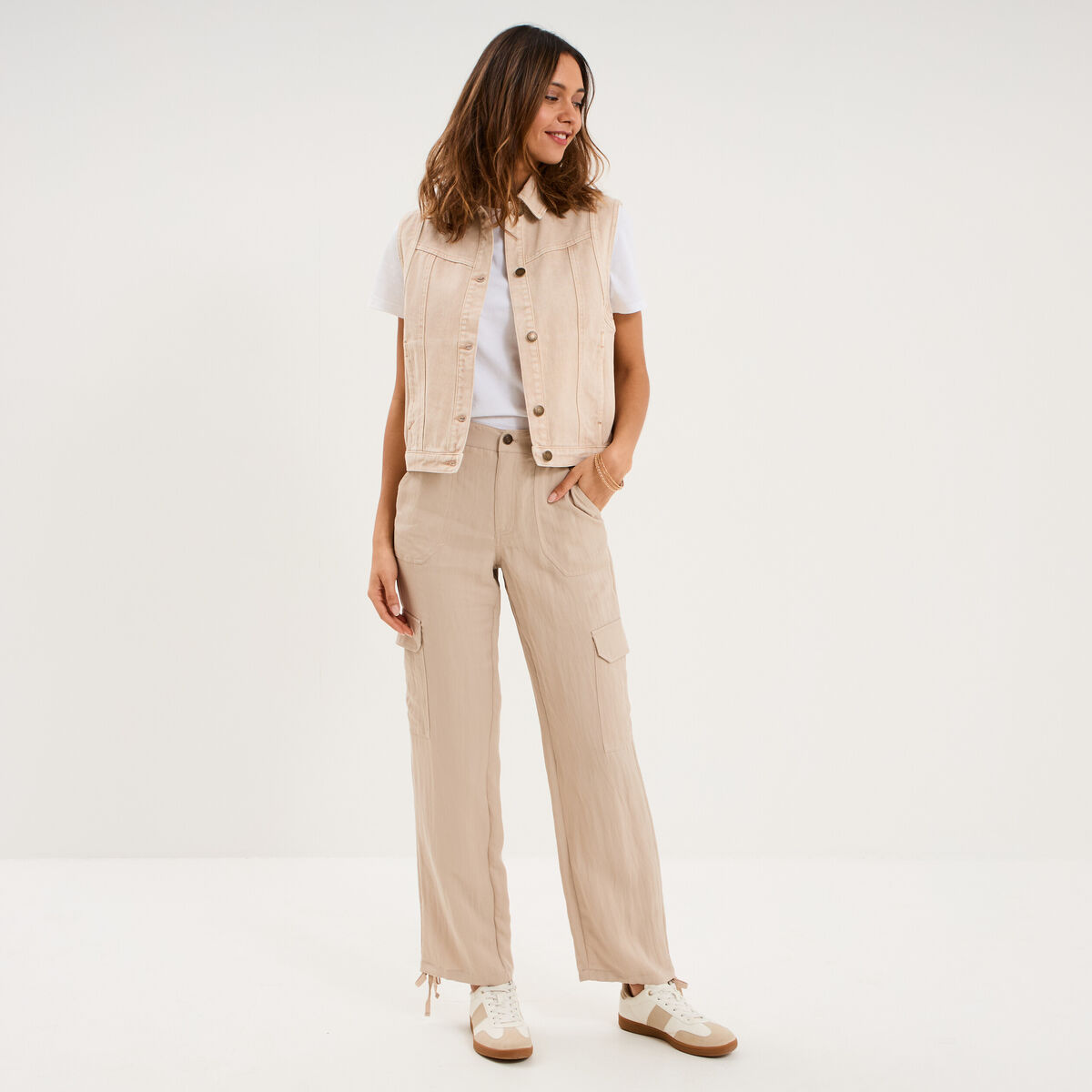 Pantalon cargo taille &eacute;lastiqu&eacute;e lyocell beige femme