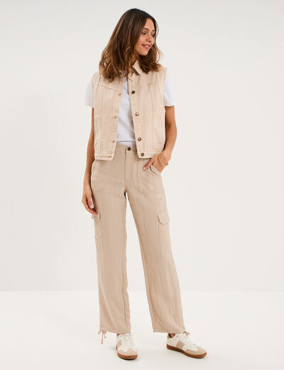 Pantalon cargo taille &eacute;lastiqu&eacute;e lyocell beige femme