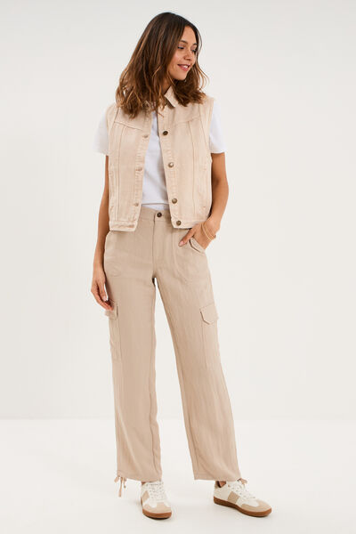 Pantalon cargo taille &eacute;lastiqu&eacute;e lyocell beige femme