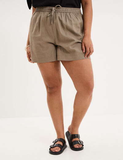 Short taille &eacute;lastiqu&eacute;e lin m&eacute;lang&eacute; vert kaki femme grande taille