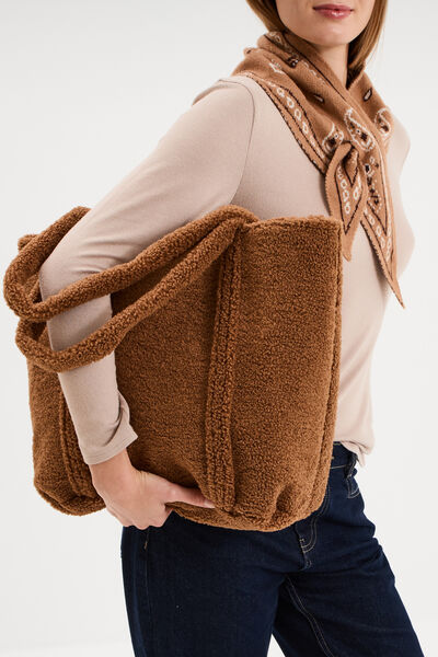 Sac shopper effet polaire camel femme
