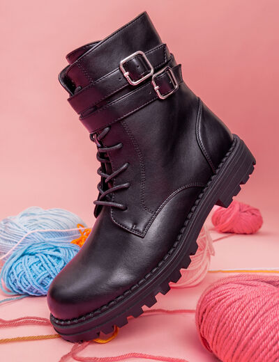 Boots crant&eacute;es &agrave; lacets et boucles noir femme