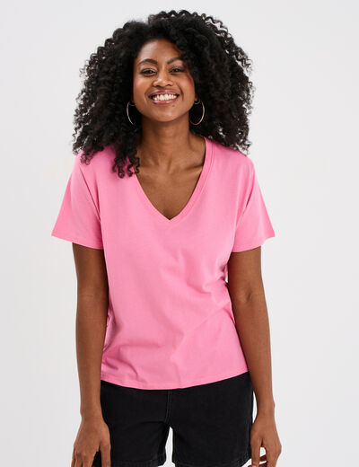 T-shirt manches courtes col en V coton rose femme