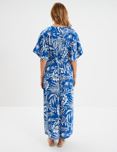 Robe longue col en V manches courtes bleu electrique femme
