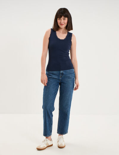 D&eacute;bardeur coton bords dentelle bleu marine femme