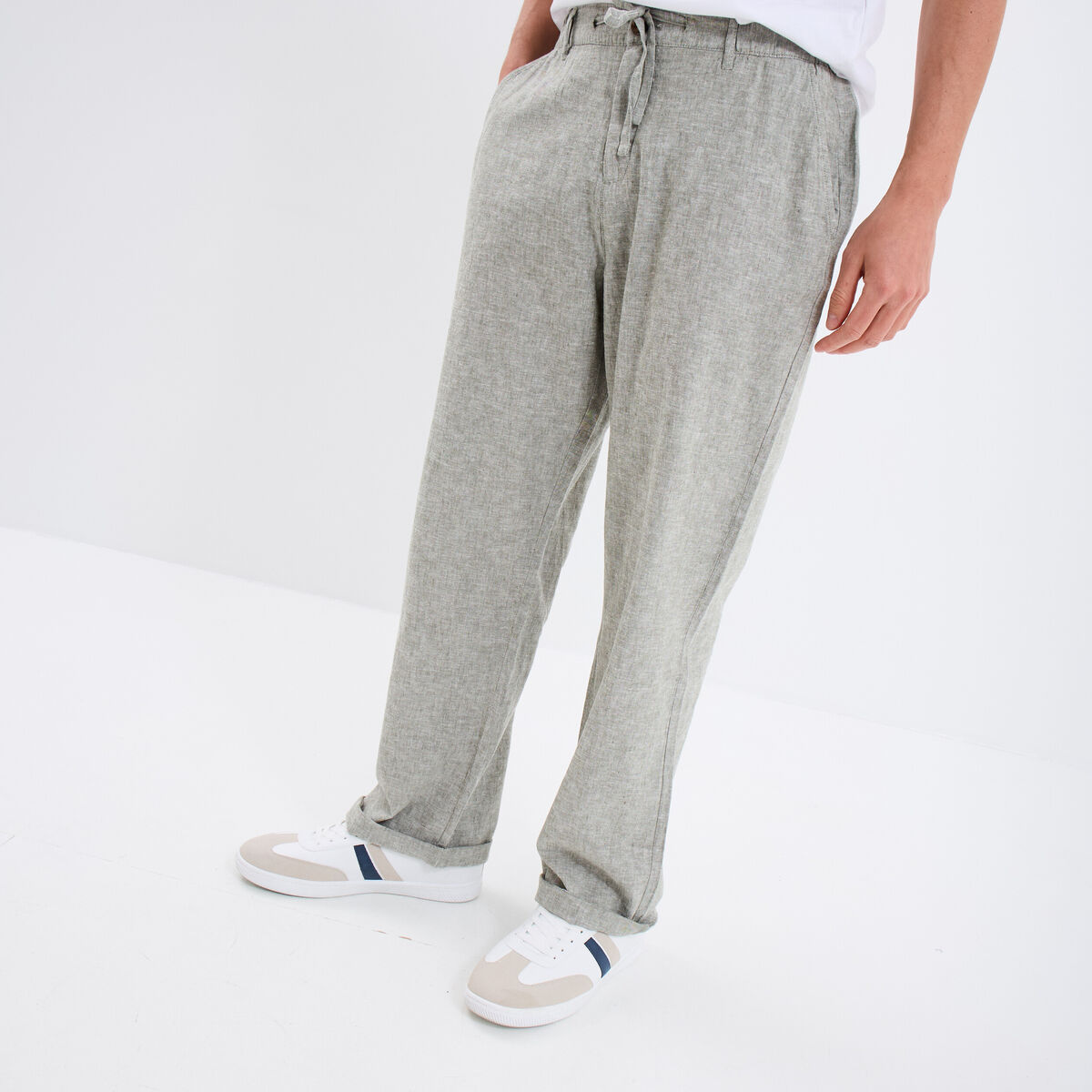 Pantalon chino mélange lin coton vert kaki homme