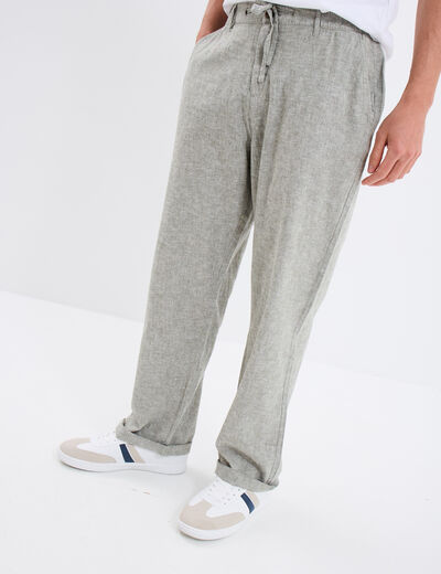 Pantalon chino mélange lin coton vert kaki homme