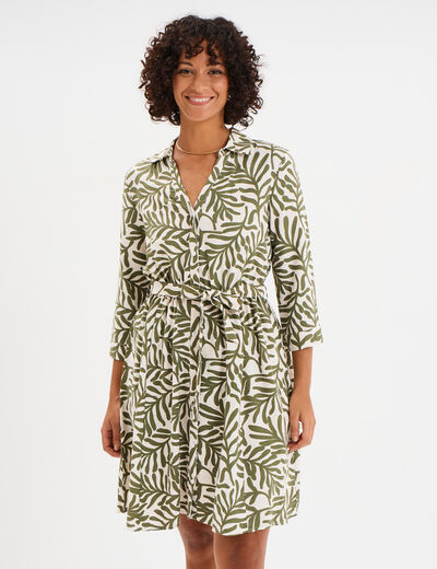 Robe col chemise ceinturée manches 3/4 blanc femme