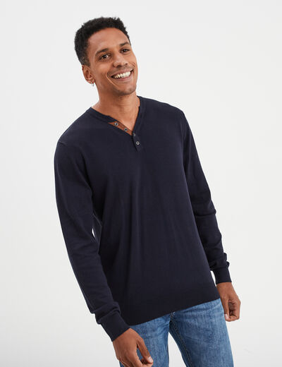 Pull col tunisien manches longues bleu marine homme