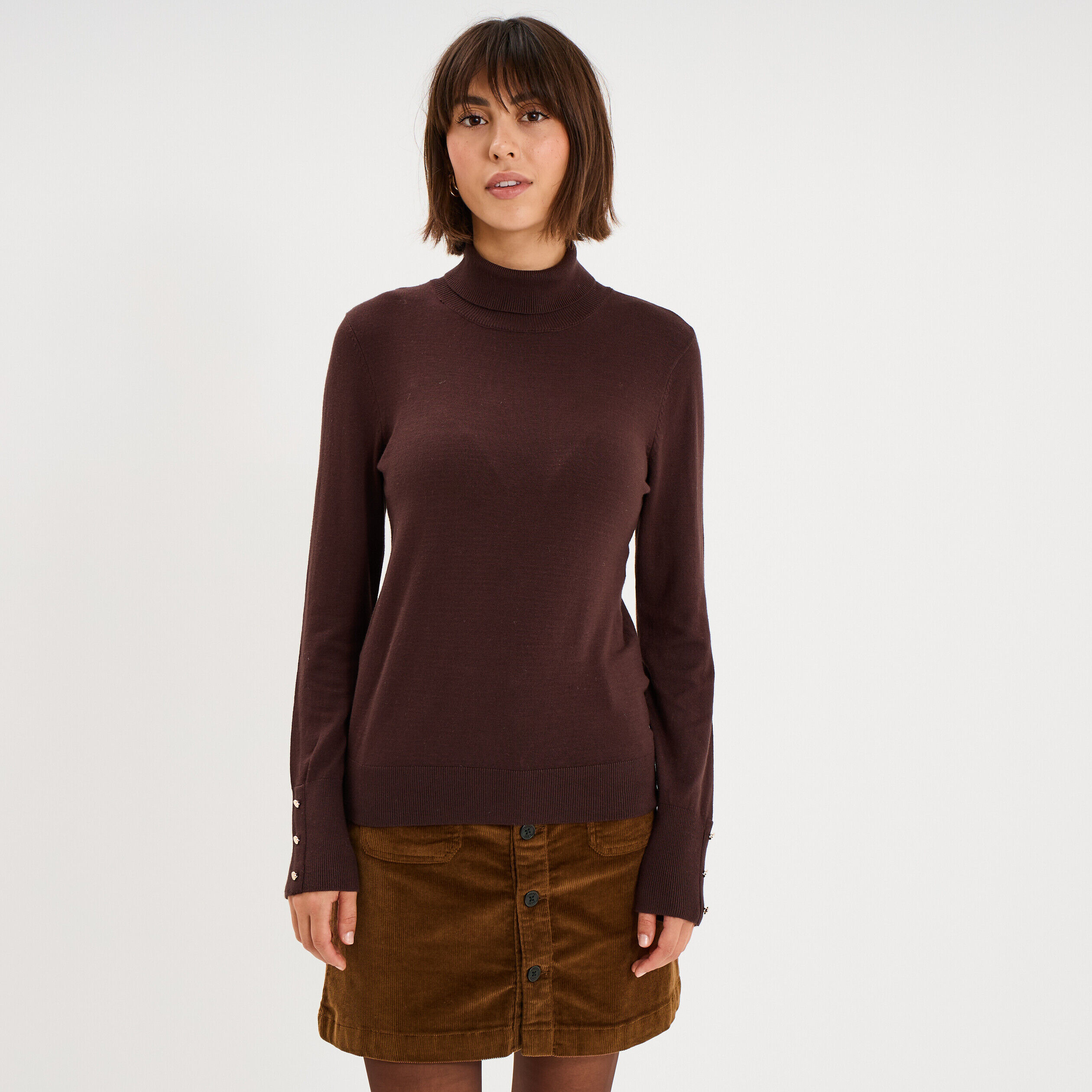 Pull col roulé avec boutons poignets marron foncé femme LH